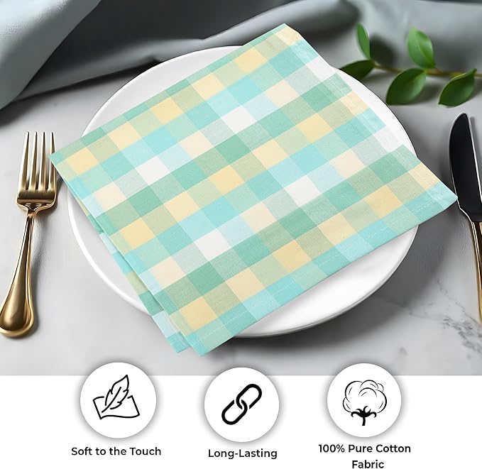 Urban Villa Cotton Dinner Napkins Set of 12 Highly Absorbent Soft Premium Cloth Napkins 20x20 Inches Hotel Quality Reusable & Washable Table Dinner Napkins for Home (Green Sand Buffalo Checks)