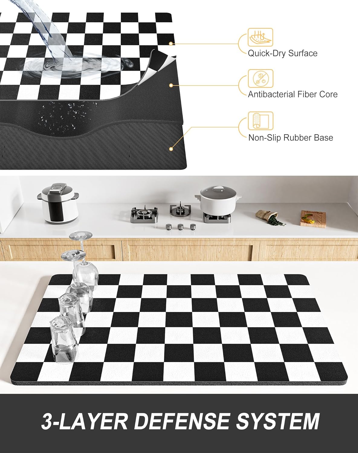 Rnivvi Dish Drying Mat for Kitchen Counter, 12 x 19" Cute Checkered Absorbent Draining Pad, Non-Slip Heat Resistant Coffee Bar Mats for Coffee Machine Station Accessories, Black White Dish Rack Pad