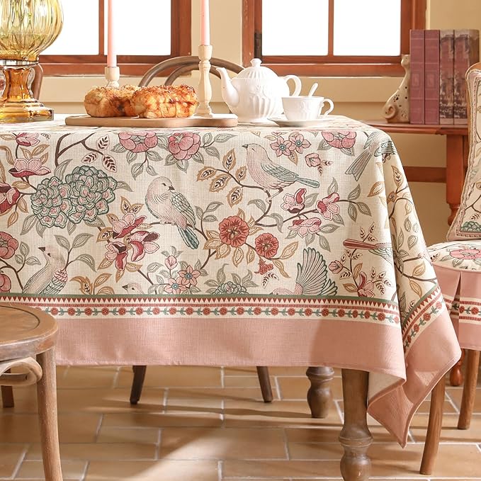 patdrea Designer Pink Linen Table Cloth for Rectangle Table,Vintage Floral with Birds Pattern Decorative Tablcloth,French Table Cover for Kitchen Dining,Thanksgiving,Christmas,63"x94"-Kulom a