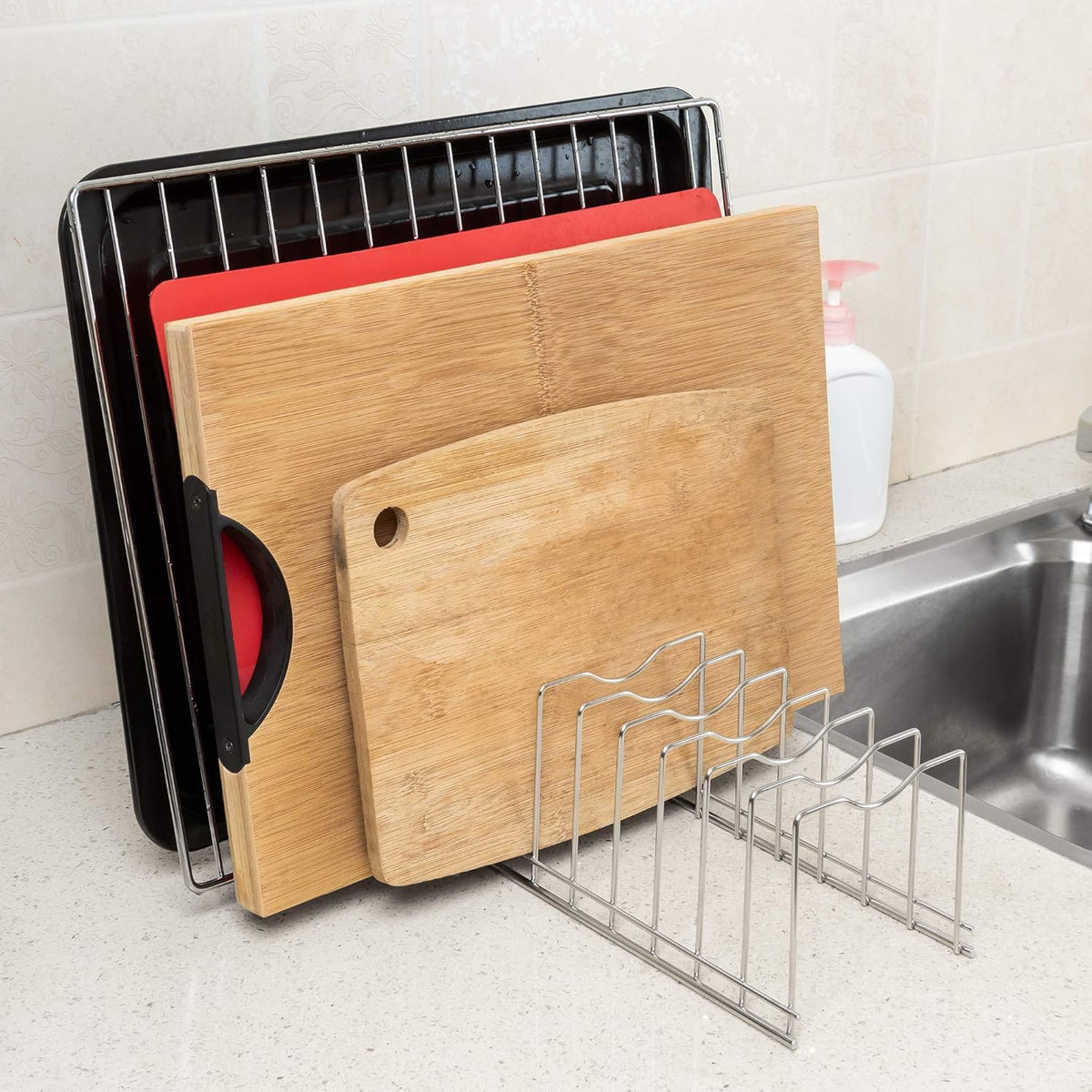 Slideep Pot Pan Lid Holder Rack Organizer, Kitchen Dish Plate Storage Organizer Drying Rack, Bakeware Pot Lid Rack Holder Organizer, Pantry and Cabinet Holder,Set of 2