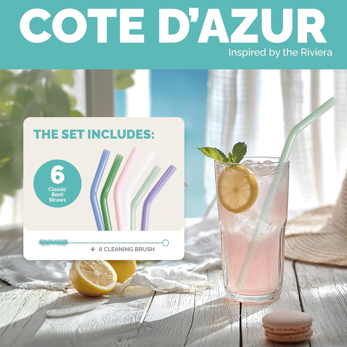 Simply Straws 8 Inch Glass Straws Bent (6-Pack) – Reusable Glass Straws for Pints & Juice Drinkware, with Cleaning Brush – Dishwasher Safe, Hot & Cold Use, BPA-Free (Cote d'Azur)