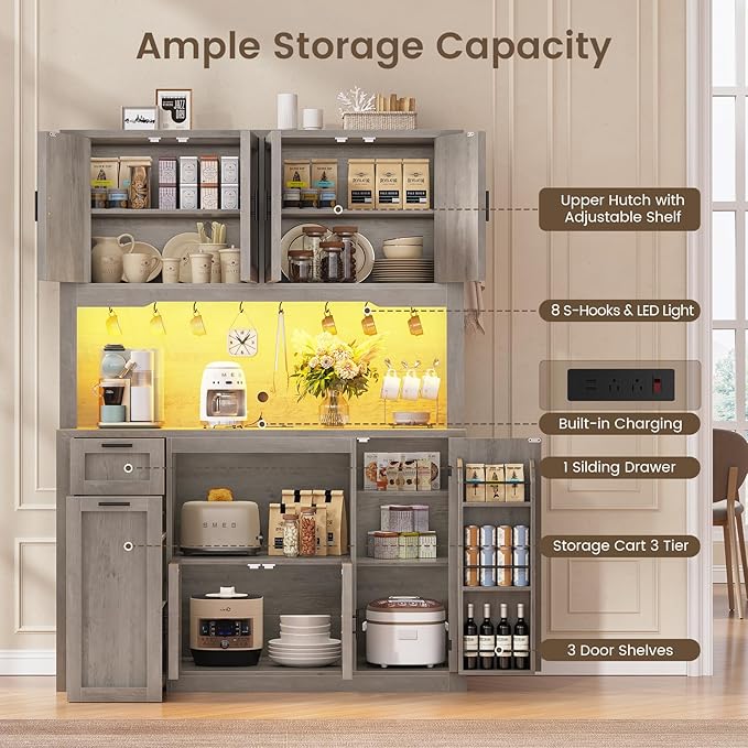 Itaar 71" Pantry Cabinet with Charging Station and LED Light, Kitchen Pantry Cabinet with Microwave Stand, 47.2" Wide Kitchen Storage Cabinets with Storage Cart 3 Tier for Dining Room, Grey