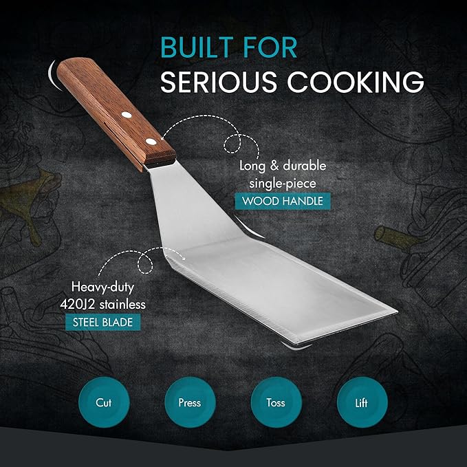 Homi Styles Metal Spatula Beveled Edges, Stainless Steel Grill Spatula with Wood Handle for Skillets, Griddles & Pancake Flipper for Burgers, Omelet, and Versatile for Culinary Task, 11 x 3 inches