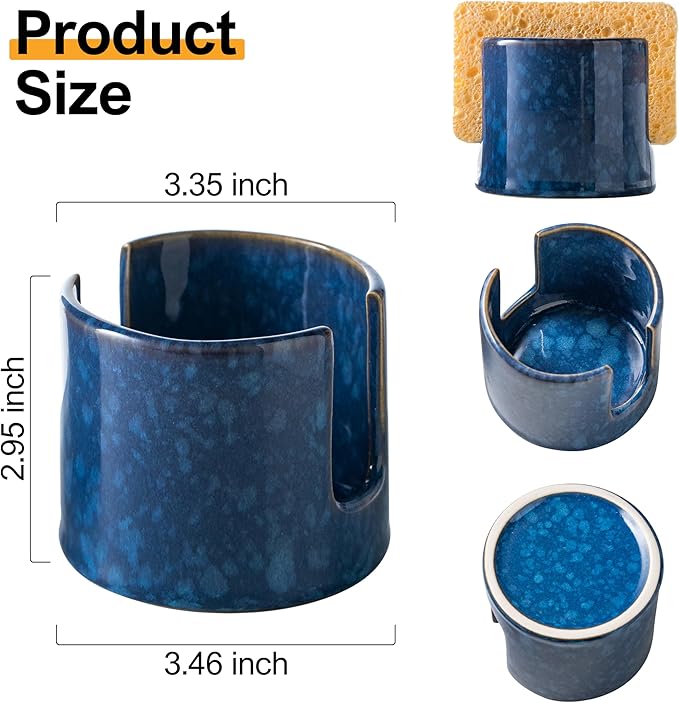 Kitchen Sponge Holder, Ceramic Sponge Organizer Scrubby Holder Sink Caddy Dish Rack for Kitchen and Bathroom, Farmhouse Decor, Blue