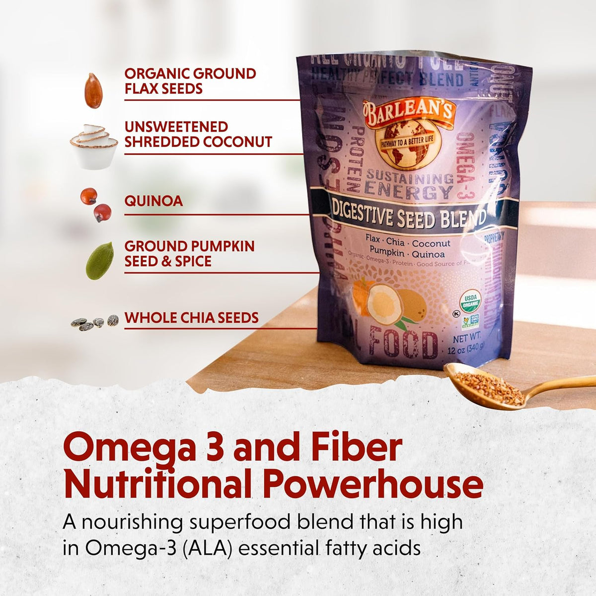 Barlean's Organic Digestive Seed Blend Fiber Supplement with Whole Chia, Ground Flax and Pumpkin Seeds, Quinoa, and Coconut, Rich in Omega 3 and Dietary Fiber, 12 oz