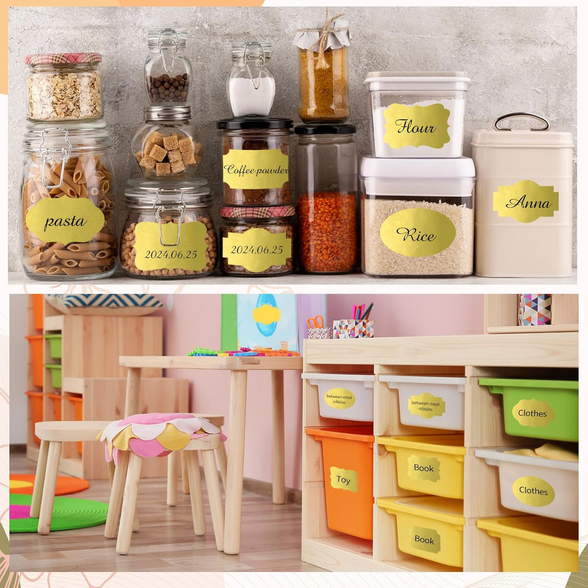 Gold Labels - 250 PCS 3" x 2" Fancy Shape Stickers for Storage Box or Food Jars