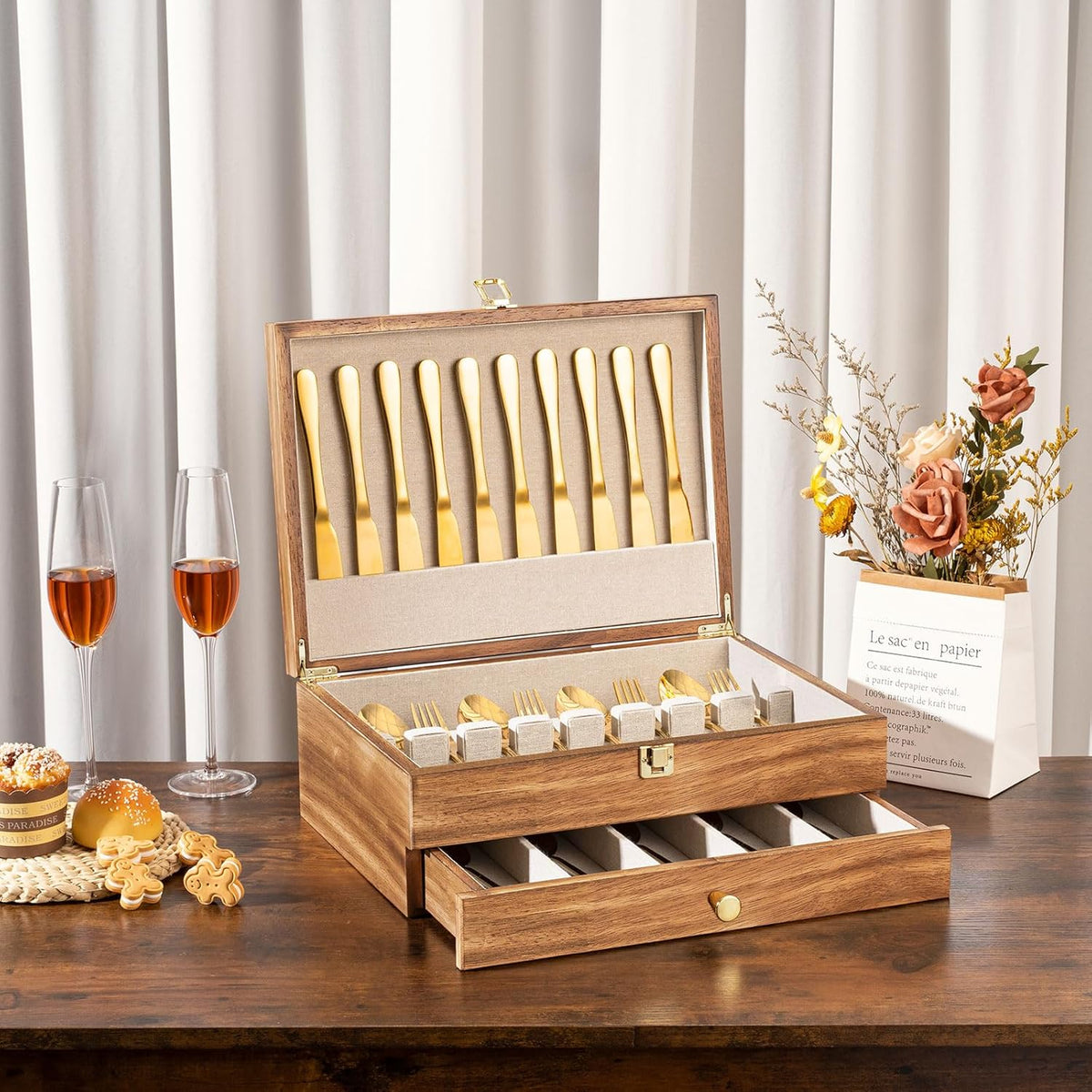 Silverware Storage Box, 2-Layer Flatware Storage Case with Drawer, Wooden Silverware Chest with Linen Liner, Rustic Silverware Case for Storing Fine Flatware and Utensils (Brown)