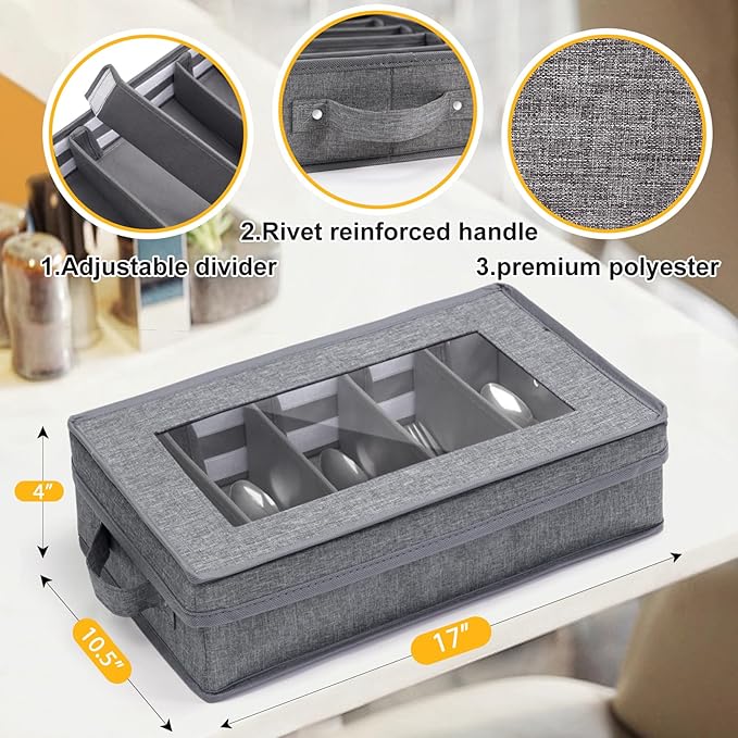 Silverware Storage Box, Flatware Storage, Utensil Storage with Removable Lid and Adjustable Dividers for Organizer Utensils, Cutlery, Flatware, Knives, Large Capacity Gray