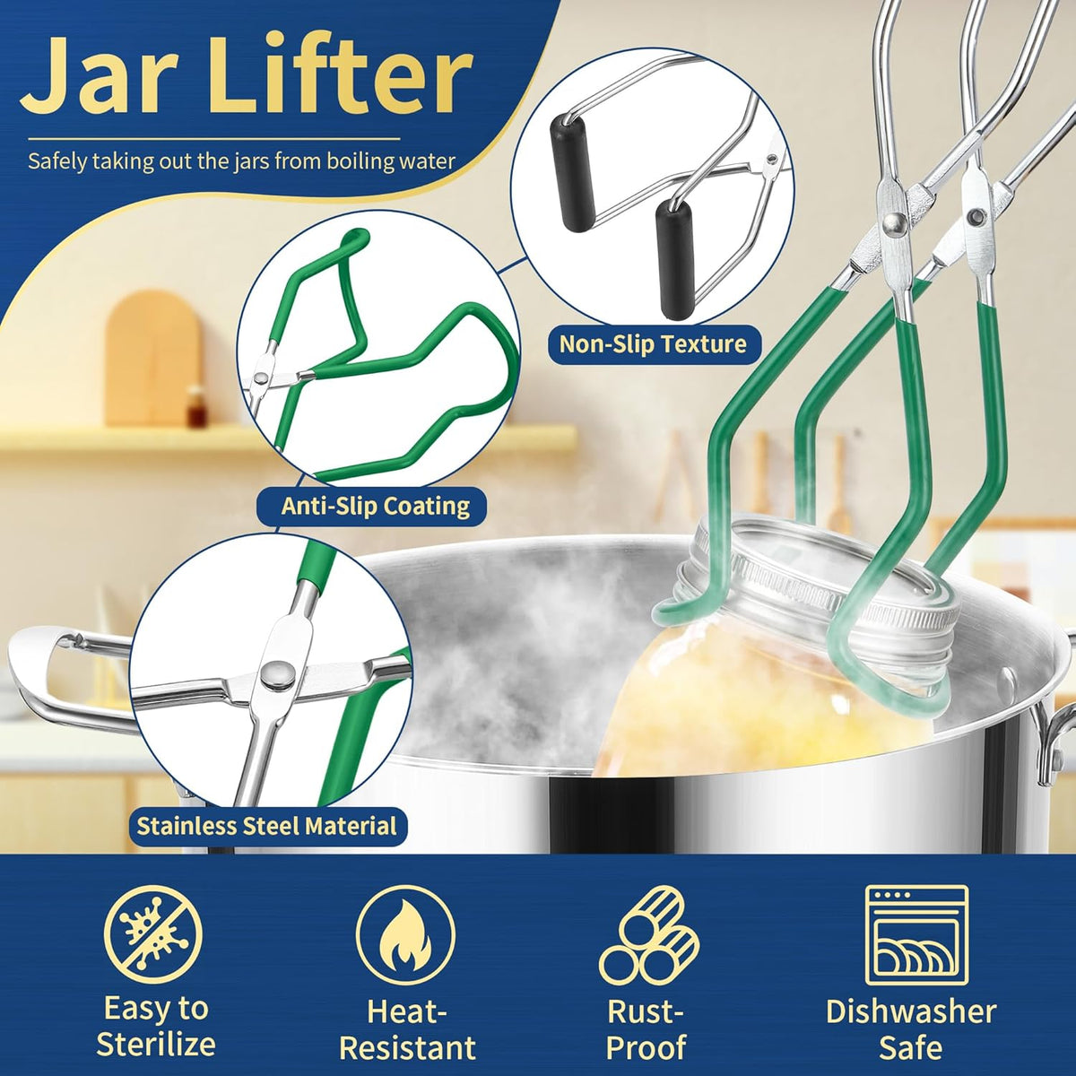 Canning Supplies Starter Kit,Canning Kit for Beginners of 11 with Rack, Jar Lifter，Funnel,Wrench,Tongs,Lid Lifter,Bubble Popper,Labels,ladle,Measuring Spoon-Deep Green