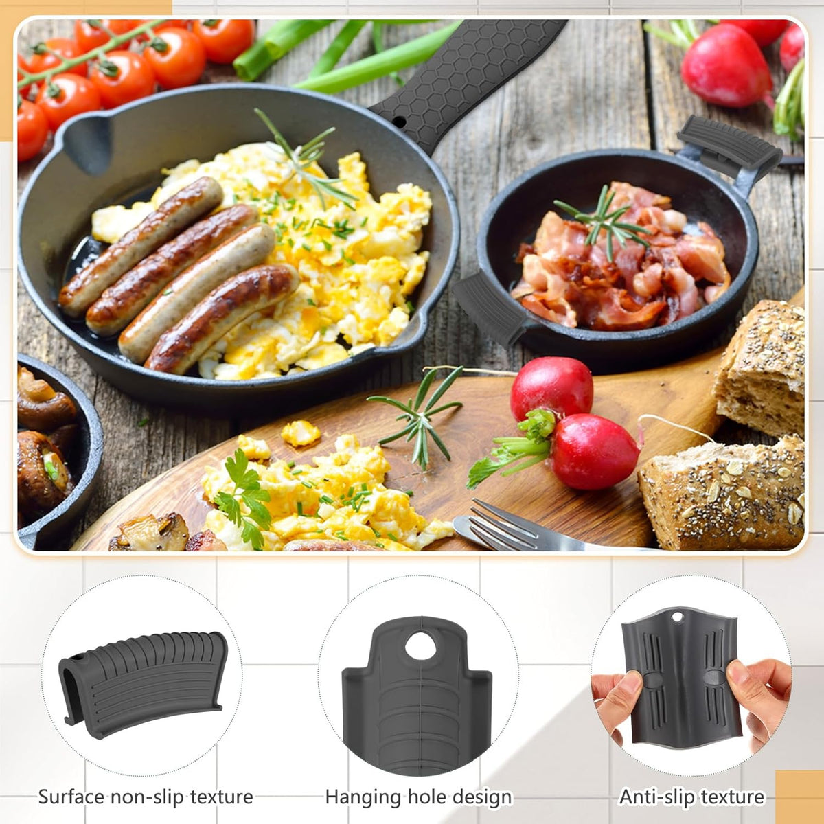 Patelai 8 Pcs Silicone Pot Holders Cast Iron Handle Cover Heat Resistant Pot Handle Covers Potholder Non Slip Reusable Pan Sleeve for Frying Pan Kitchen Supplies (Black,Gray,Light Gray,Khaki)