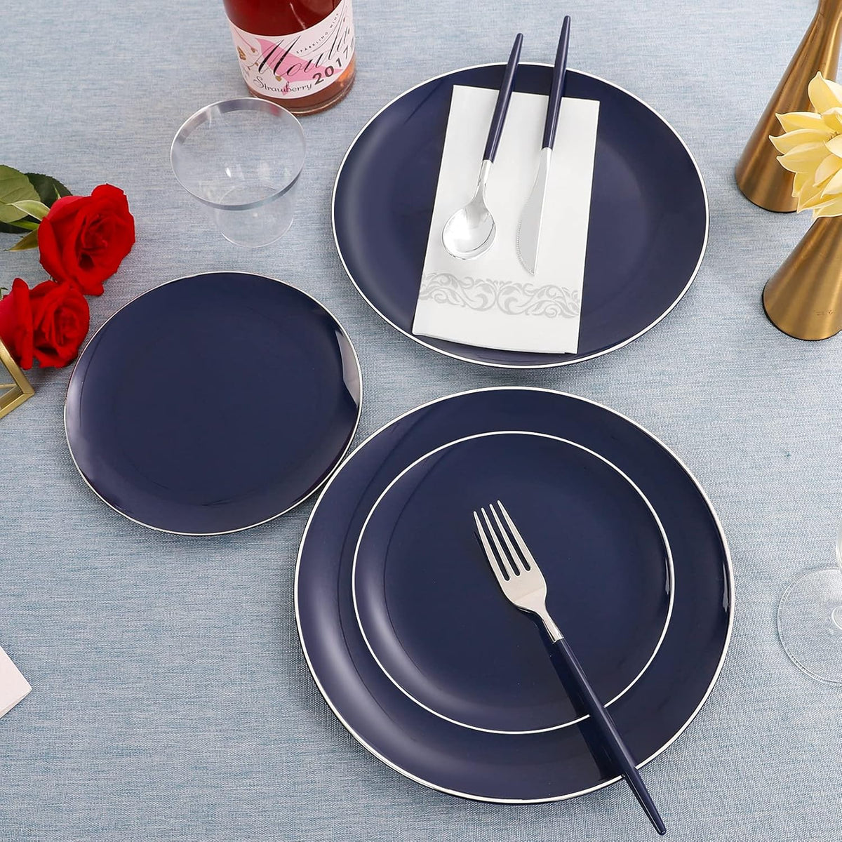 KIRE 175Pcs Blue Plastic Plates with Silver Rim & Disposable Silverware with Blue Handle & Silver-rim Cups & Hand Napkin & Plastic Dinnerware for Parties/Wedding