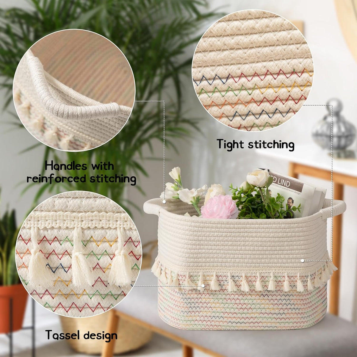 TeoKJ Woven Baskets for Storage, Set of 3 Cotton Rope Basket with Handle for Decor and Storage, Cute Baskets for Organizing in Classroom, Kitchen, Bathroom, White & Stitches Rainbow