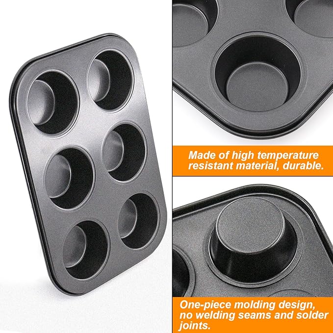 2 Packs Round Muffin Baking Pan, Premium Steel Muffin Pan for Baking, Cupcake Tin Cheesecake Pans, Bakeware Muffin Top Pan (6 Cups,Black)
