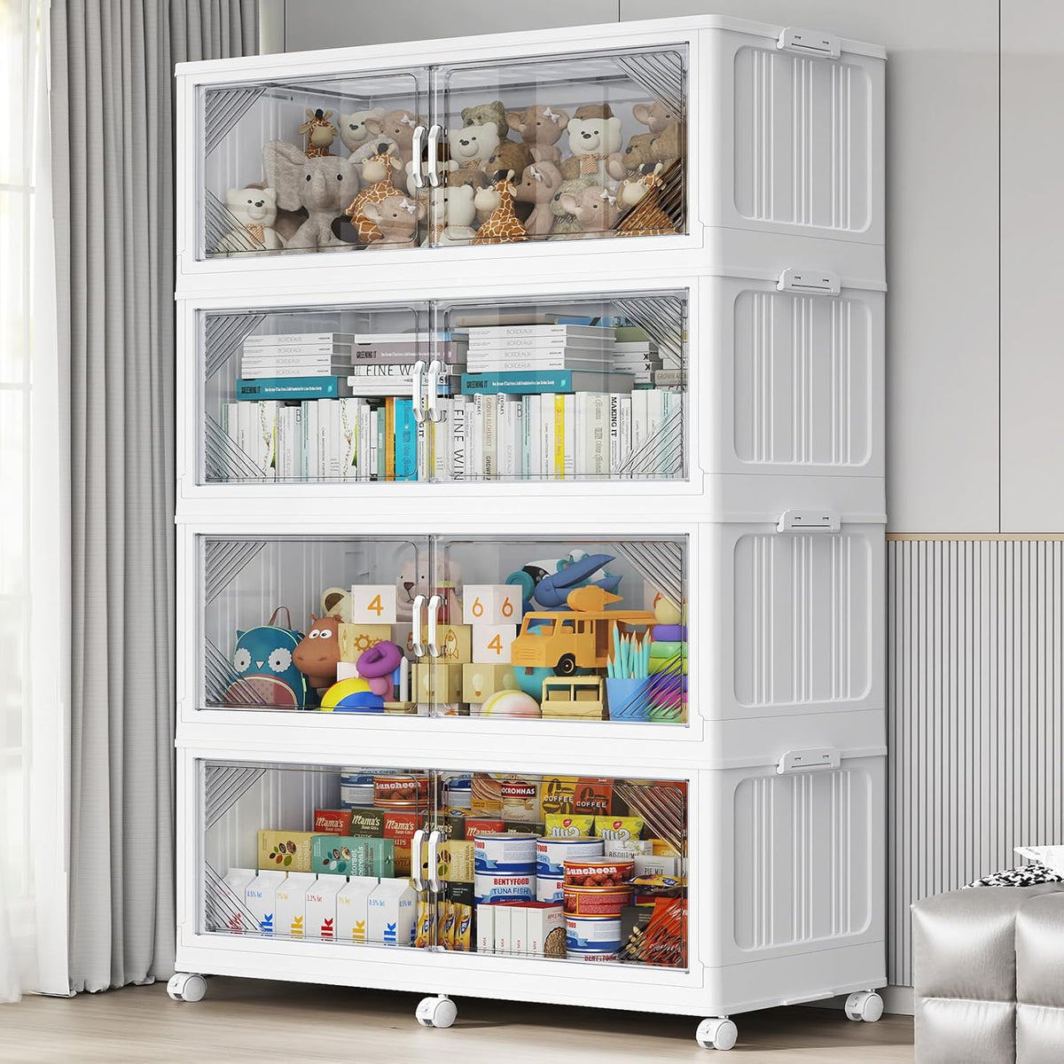 220Gal Plastic Stackable Storage Bins with Lid, 880QT Extra Large Closet Organizers Collapsible Cabinets Boxes With Drawers, Foldable Containers with 6x Wheels for Home Kitchen, V60 4Pack White