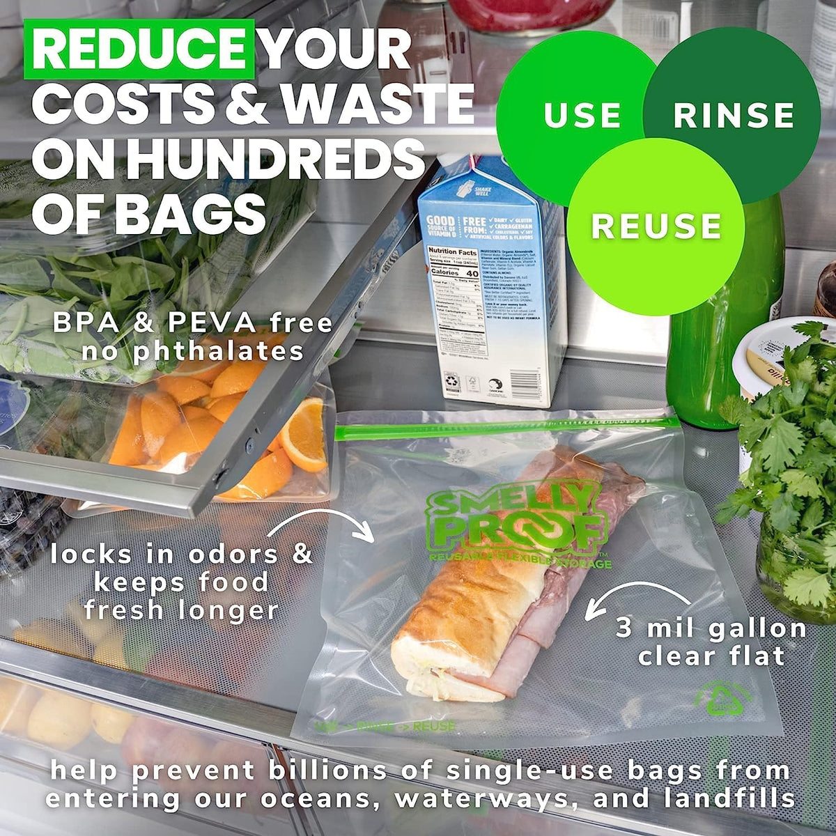 Reusable Storage Bags for Food by Smelly Proof Bags - MADE IN USA, Easy Clean, Dishwasher-Safe, BPA FREE, NO PEVA, XL 3-mil Thick Bags, Extra Large Clear FLAT 10.5" x 12" GALLON 15-Pack