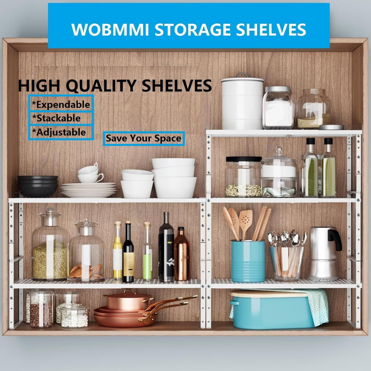 Expandable,Adjustable & Stackable Spice Rack, Cabinet Kitchen Countertop Shelf Organizer,Metal Pantry Storage Shelves - Space-Saving Storage Solution(2Packs/White/Medium)