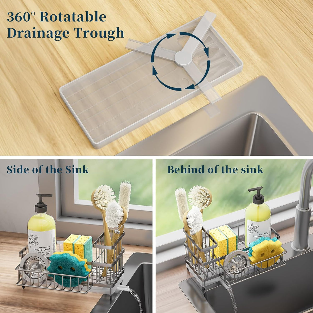 Consuemst Sponge Holder for Kitchen Sink - Auto Draining Sink Caddy Organizer with Detachable Rack, High Brush Holder, Kitchen Countertop Storage Accessories, Sand Nickel