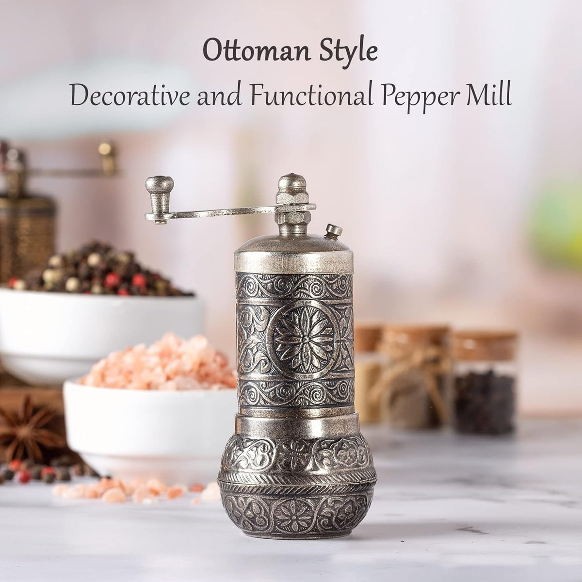 Decorative Black Pepper Grinder, Refillable Turkish Spice Mill with Adjustable Coarseness, Manual Pepper Mill with Handle, Spice Grinder Metal with Hand Crank, Dark Silver