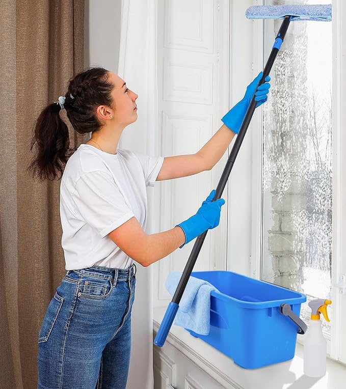 Window Cleaning Kit with Storage Bucket, Window Squeegee with 4.13ft Extension Pole, Scrubber, Spray Bottle,Duster Cloth, Squeegee with Rotating Head, Professional Window Cleaning Tools