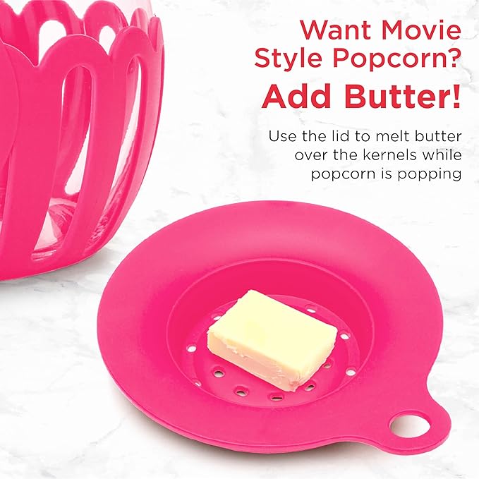 Ecolution Patented Micro-Pop Microwave Popcorn Popper with Temperature Safe Glass, 3-in-1 Lid Measures Kernels and Melts Butter, Made Without BPA, Dishwasher Safe, 1.5-Quart, Pink