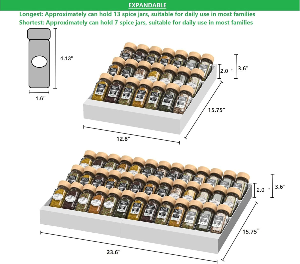 Expandable Metal Spice Drawer Organizer,3-Tier Slanted Seasoning Jars Tray for Kitchen Cabinet Drawers Insert/Countertop (Jars not included)-3Tier,2packs/White