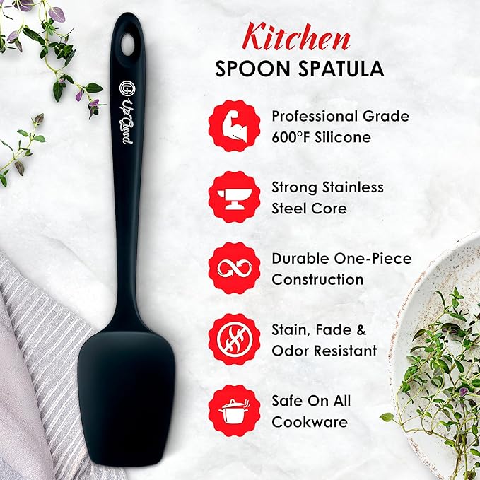 Silicone Spoon Spatula - 600ºF Heat-Resistant Non-Stick Rubber Spoonula | Use as Silicone Kitchen Scraper Utensil - Baking and Cooking Strong Stainless Steel Core | UpGood Kitchen Utensils, (Black)
