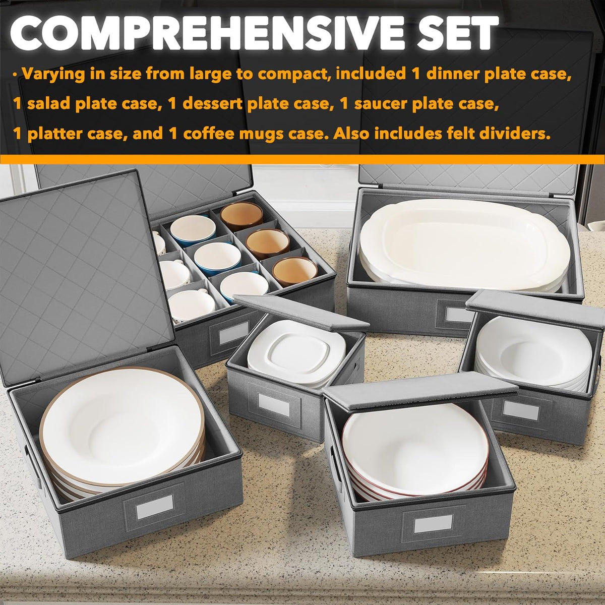 SpaceAid China Storage Containers 6 Pack, Stackable Hard Shell Quilted Cases with Soft Plate Separators, Moving Supplies Packing Boxes for Dishes, Plates, Platters, Mugs, Cups (Grey)