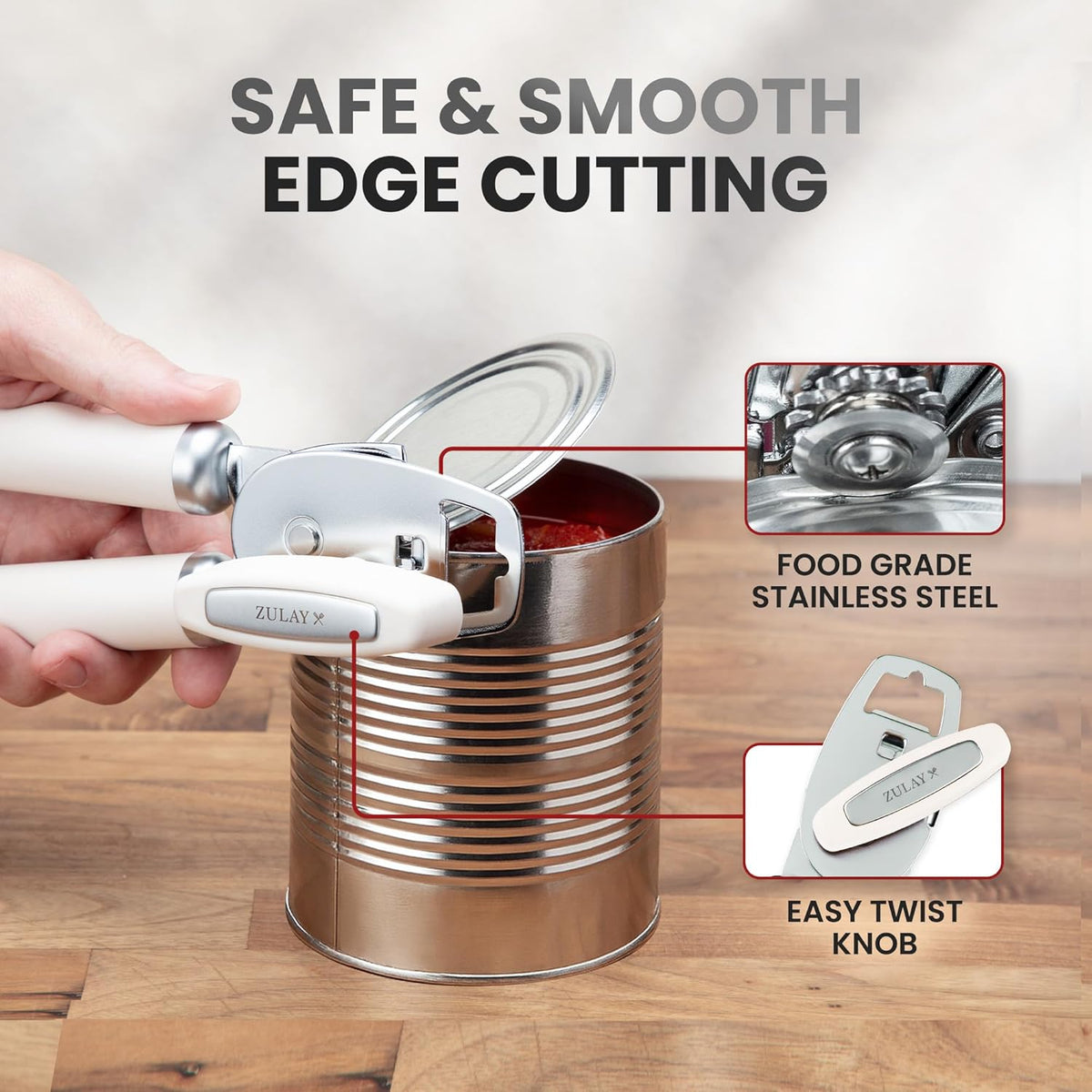 Zulay Kitchen Heavy Duty Stainless Steel Can Opener Manual with Bottle Opener - Rust Proof Manual Can Opener With Turn Knob & Comfy Soft Grip Handles - Cream