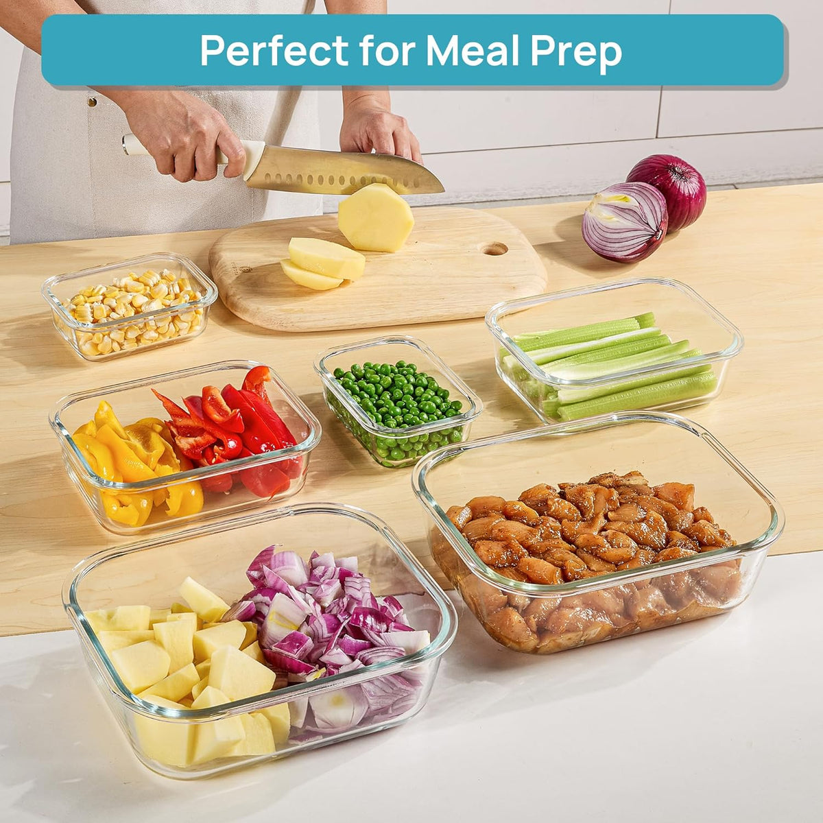 Vtopmart 2.26L/76oz Extra Large Glass Food Storage Containers with Lids, 6 pack Meal Prep Container Set, Airtight Lunch Boxes with Snap Locking Lids for Microwave, Oven, Freezer, Dishwasher
