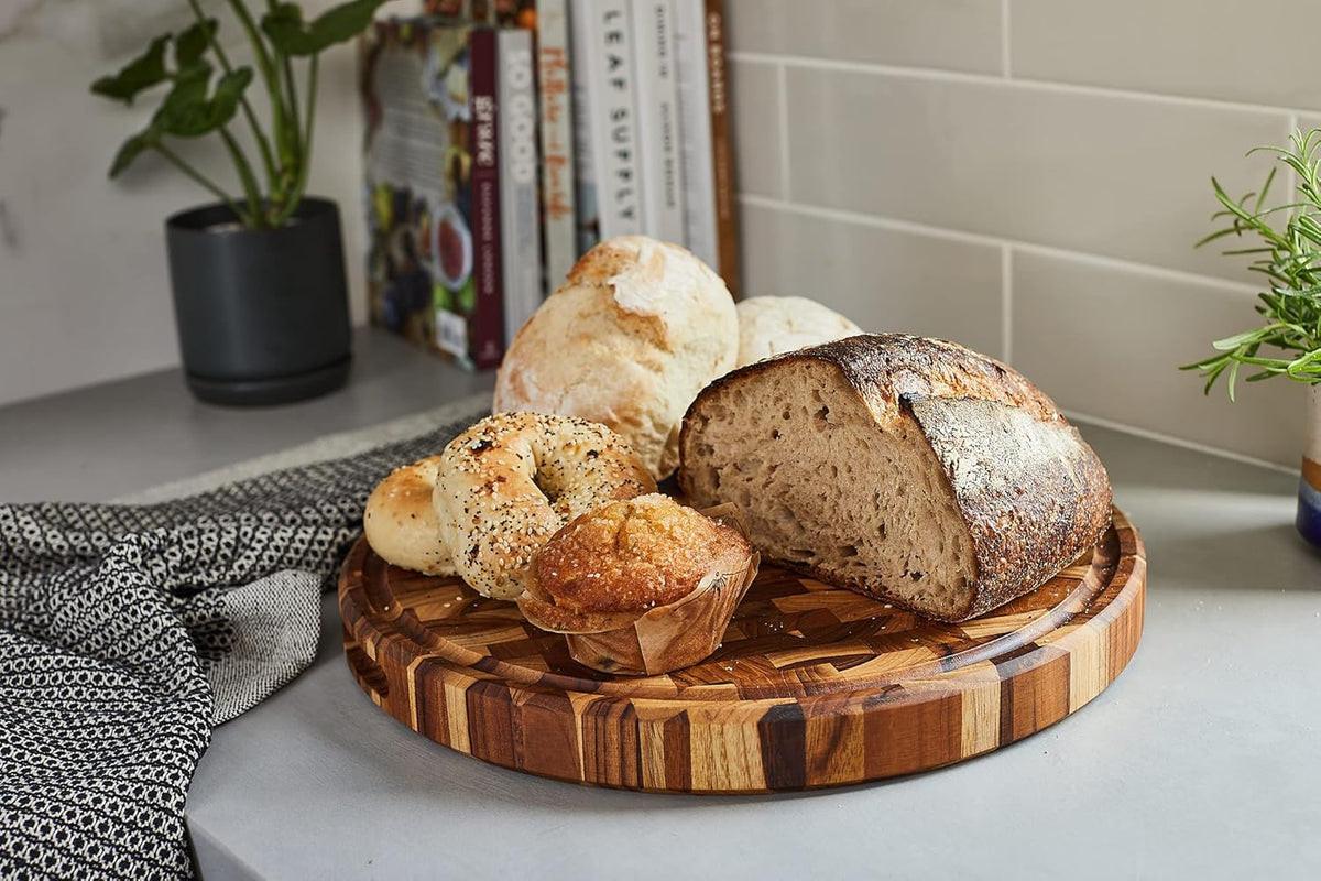 Sonder LA, End Grain Teak Wood Cutting Board 15" Round 1.5" Thick with Juice Groove and Built-in Handles, Charcuterie Serving Board (Gift Box Included)
