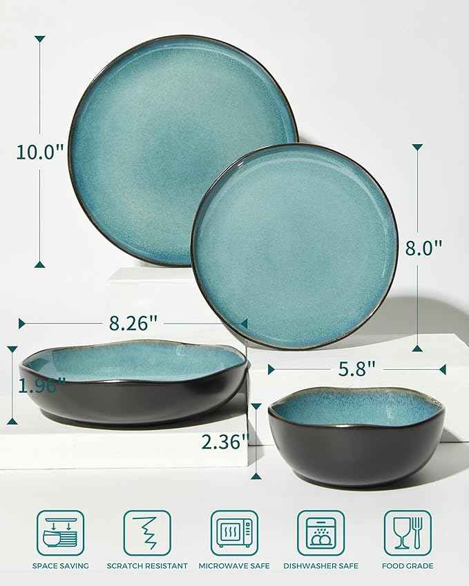 32 Piece Dinnerware Set for 8 with Pasta Bowls, Green Black Reactive Glaze Stoneware | All‑in‑One Host Set for Entertaining, Holiday Meals, Multi‑Course Dinners | Unique Irregular Coastal Look