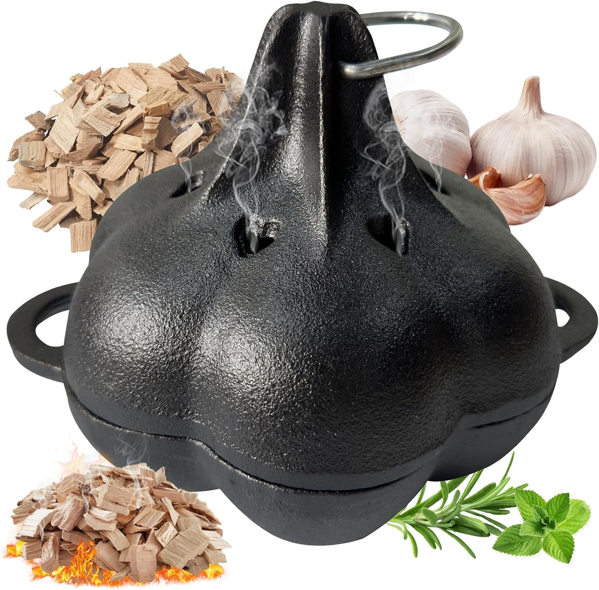 Cast Iron Smoker Roaster & Garlic Roster Baker, Smoker Box, Pre-Seasoned Cast Iron Garlic Roaster for Grill, Perfect for BBQ and Oven, for Smoky, Flavorful Vegetables, Meats or Wood Chips