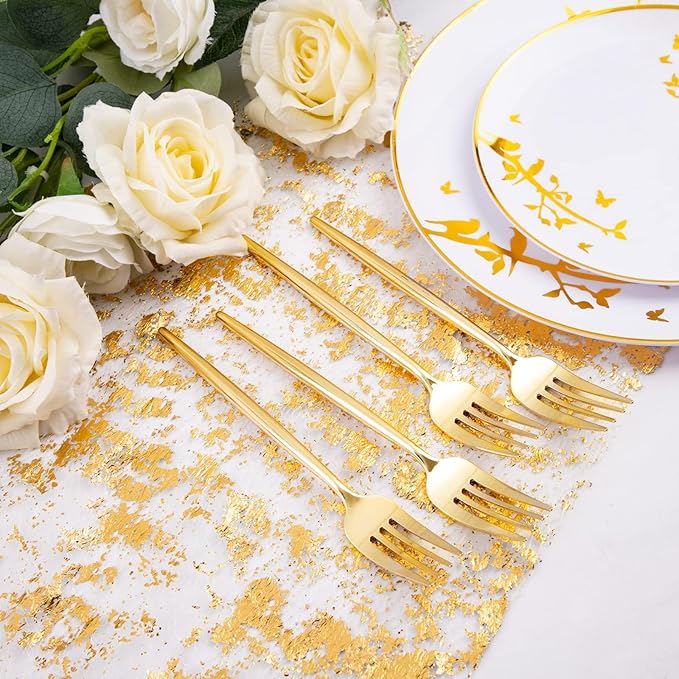 U-QE 180Pcs Gold Plastic Forks - 7.6 Inch Heavy Duty Plastic Forks, Heavyweight Gold Plastic Silverware Perfect For Parties & Weddings and Other Daily Events