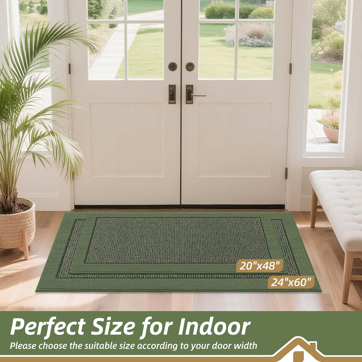 BEQHAUSE Indoor Door Mat 24" x 60", Dirt Trapper Door Mats Non-Slip Entryway Rugs Washable, Resist Dirt Absorbent Welcome Mat, Low Profile Floor Mats for Front Back Door and Entryway, Green