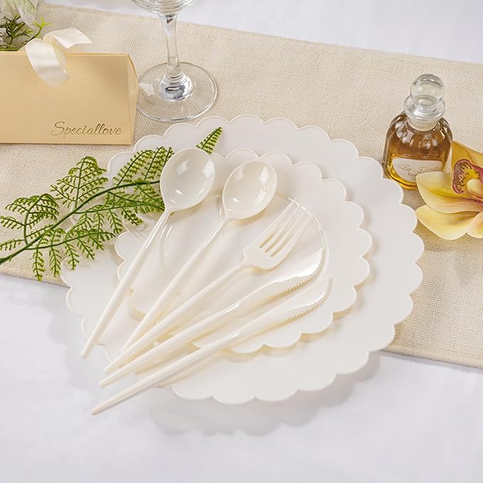 Supernal 180pcs Plastic Silverware Heavy Duty Ivory Plastic Utensils Cutlery Disposable Beige Plastic Cutlery Include 60 Plastic Forks,60 Plastic Knvies,60 Plastic Spoons for Party,Wedding