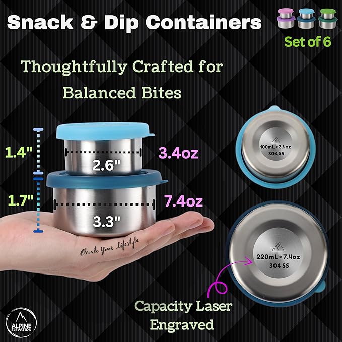 12-Piece Stainless Steel Snack Dip Condiment Containers Set | 3 x 7.4 oz and 3 x 3.4 oz with Silicone Lids | Reusable Leakproof Food Storage Containers for Lunch Meal Prep and Travel