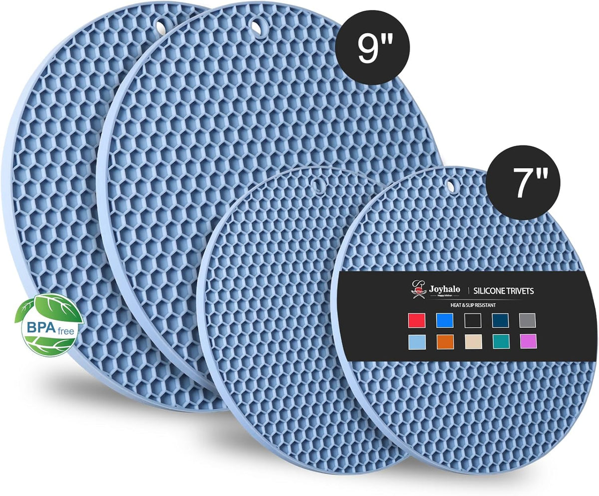 Joyhalo Trivets for Hot Dishes - Hot Pads for Kitchen, Silicone Pot Holders for Hot Pots and Pans, Silicone Mats for Kitchen Countertops, Table, Flexible Easy to Wash and Dry, Blue