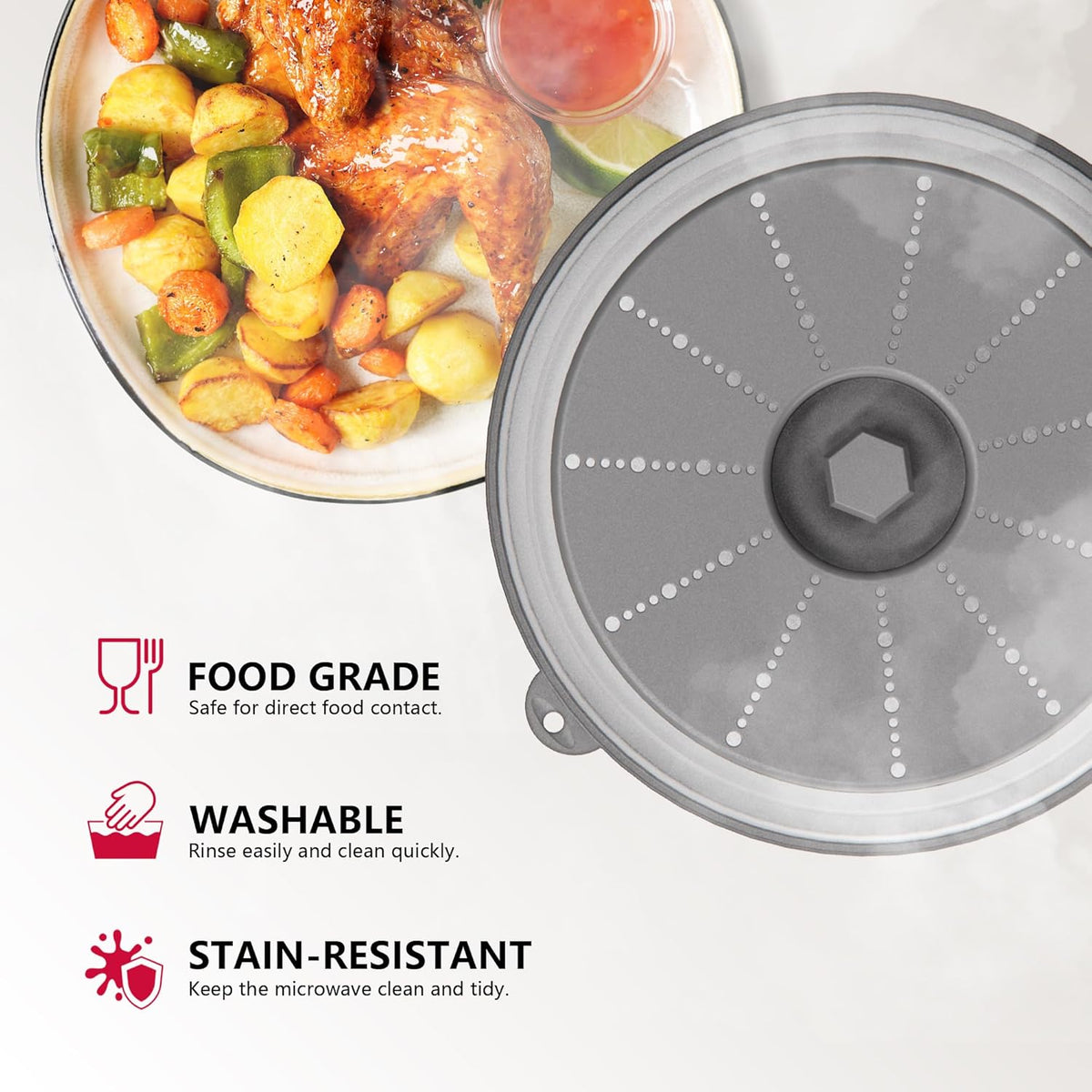 WVM Microwave Splatter Cover Vented for Food with Hook Hole, Splatter Guard & Colander Kitchen Gadget for Food, Meal Prep, Grey