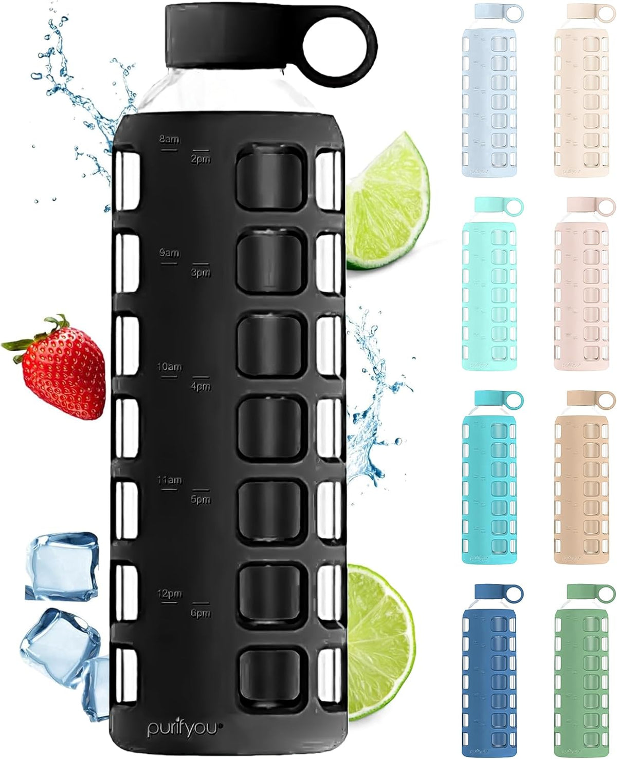 purifyou 40oz / 32oz / 22oz / 12oz Borosilicate Glass Water Bottle with Time & Volume Markers, Silicone Sleeve, Stainless Steel Lid – Reusable Glass Bottle for Water & Juice (40oz Jet Black)