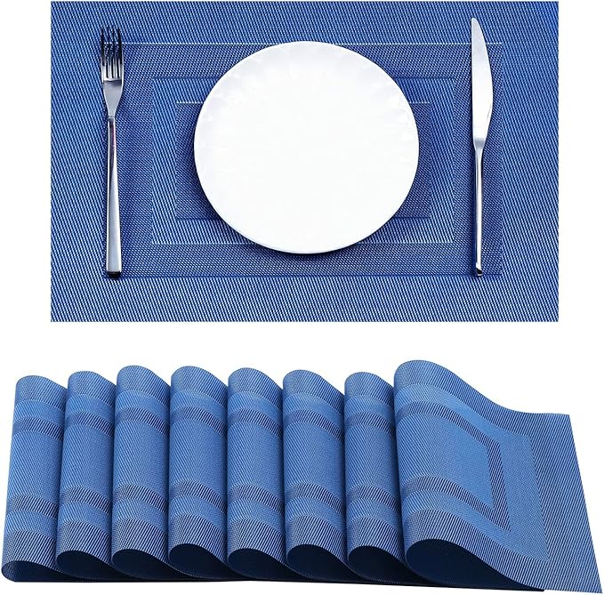 Leetaltree Blue Frame Placemats Set of 8 - Heat Resistant Non-Slip Place mats for Dining Table, Washable Durable PVC Vinyl Woven Table Mats（Blue Frame, 8）