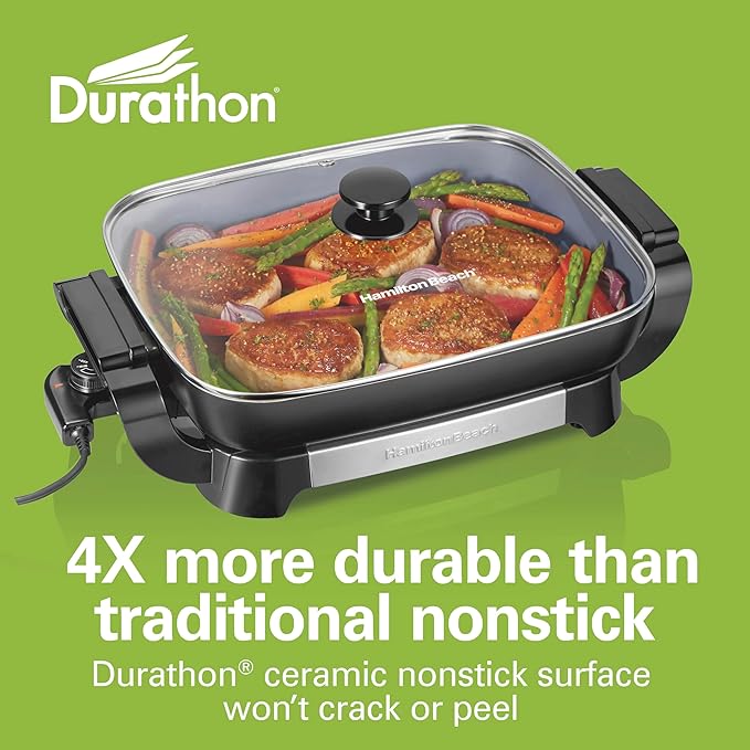 Hamilton Beach Electric Skillet with PFAS-Free Durathon Ceramic Coating, Removable 12x15” Pan, Adjustable Temperature, Reversible Design, Tempered Glass Lid, Black Nonstick Surface (38531)