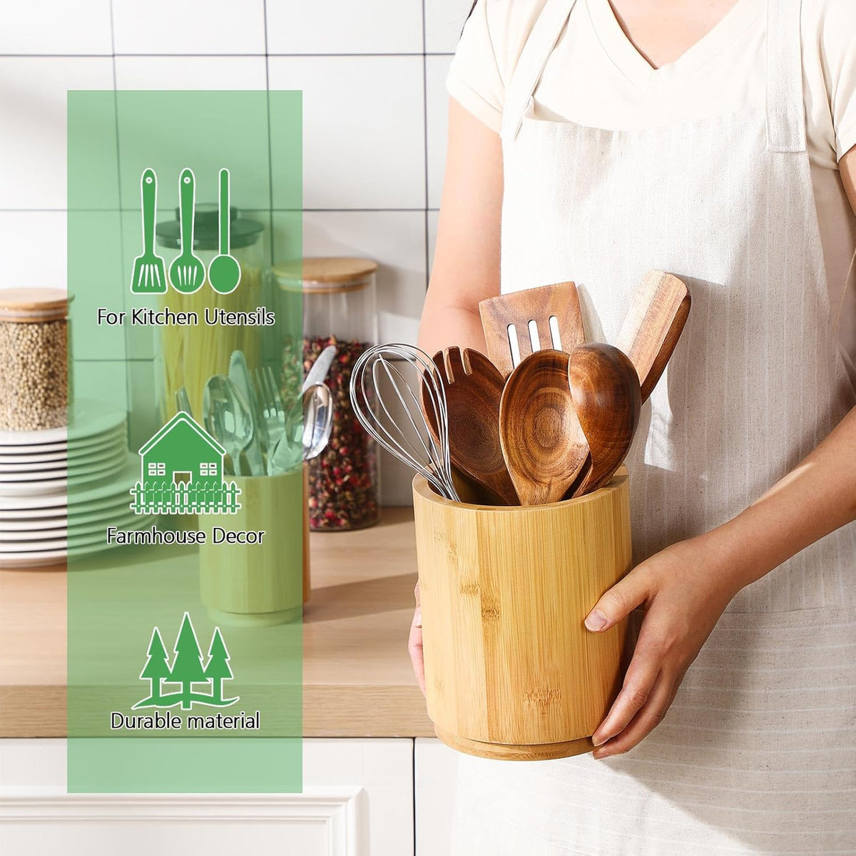 2 Pack Wooden Utensil Holder, 360°Rotating Kitchen Cooking Utensil Crock, Spoon Spatula Holder for Kitchen Counter, Farmhouse Countertop Organizer(Bamboo,Round)