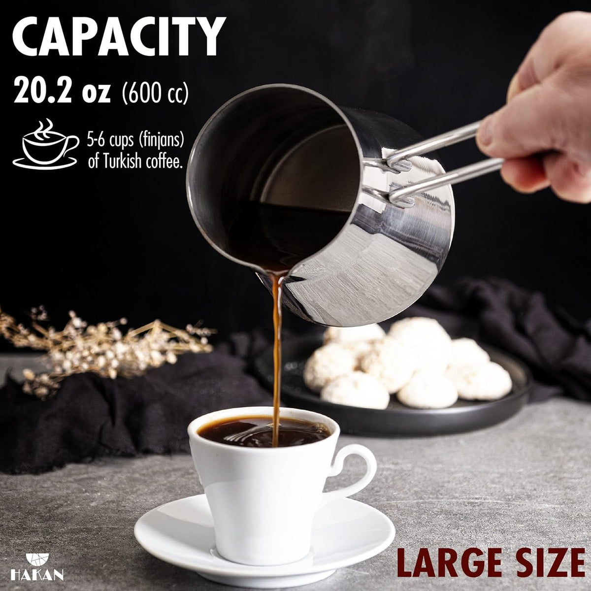 Hakan Topkapı Stainless Steel Turkish Coffee Pot, Greek Arabic Coffee Maker with Spout, Stove Top Coffee Maker in Box, Milk Warmer with Handle, Chai Pot Cezve, Ibrik, Briki (Large - 20.2 oz)