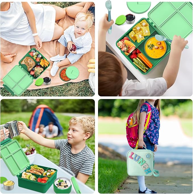 Kids Bento Lunch Box with 8oz Soup Thermo, Kids Leakproof Lunch Food Containers with 4 Compartment,Insulated Hot Food Jar with Lunch Bag for School, Travel (Green)