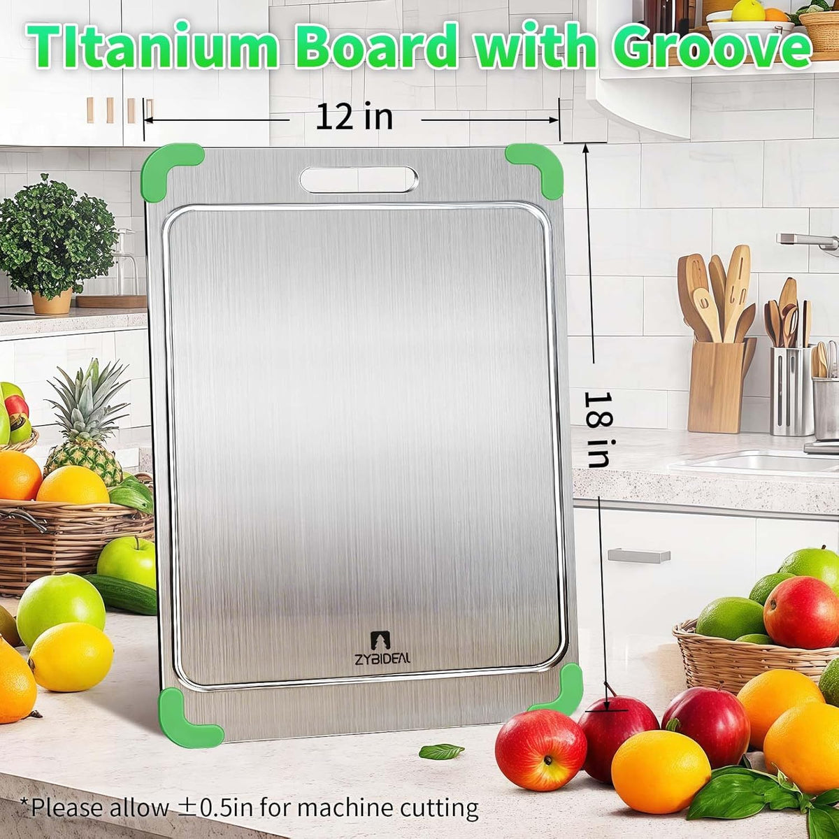 100% Pure Titanium Cutting Board with Grooves, Update Double Side Titanium Chopping Board, Silicone Anti-slip Stainless Cutting Boards for Kitchen 12 * 18 IN, Green