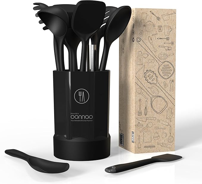 Thickened Silicone Kitchen Utensils Set, 600°F Heat Resistant Silicone Cooking Utensils, Spatula, Spoon, Whisk, Tongs, Kitchen Gadgets Sets for Nonstick Cookware, Dishwasher Safe BPA Free (Black)