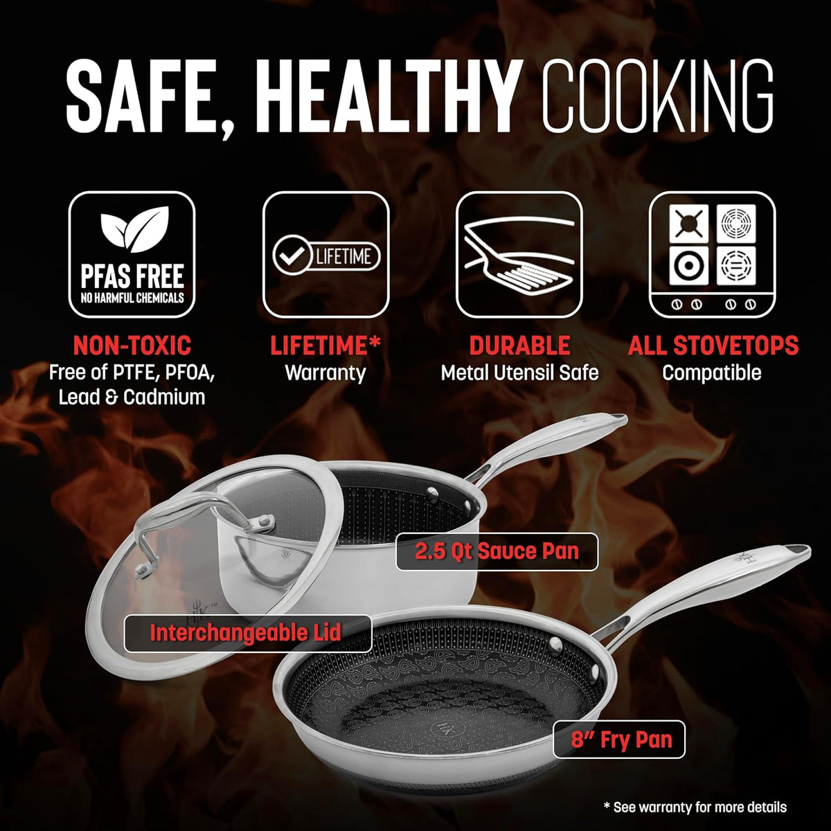 Hell's Kitchen Hybrid 3 Piece Set, 8-inch Frying Pan, 2.5 Qt Saucepan and Tempered Glass Lids, Tri-Clad Stainless Steel and PFAS-Free Ceramic Nonstick, Metal Utensil Safe, All Cooktops, Oven Safe