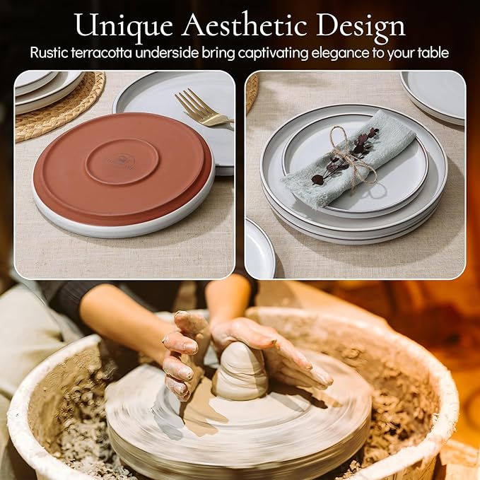 E-far Stoneware Dinnerware Sets for 4, 12 Pieces Reactive Glaze Plates and Bowls Sets, Elegant Dishes with Rustic Terracotta Base, Dishwasher & Microwave Safe, Scratch Resistant, Glacier White