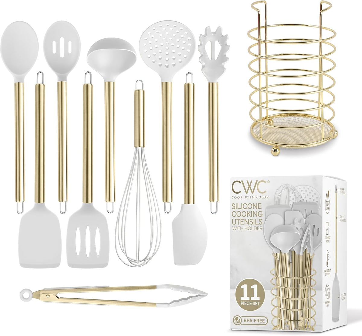COOK WITH COLOR Silicone Cooking Utensils, Kitchen Utensil Set, Easy to Clean Silicone Kitchen Utensils, Cooking Utensils for Nonstick Cookware, Kitchen Gadgets Set with Holder, 10 Pieces