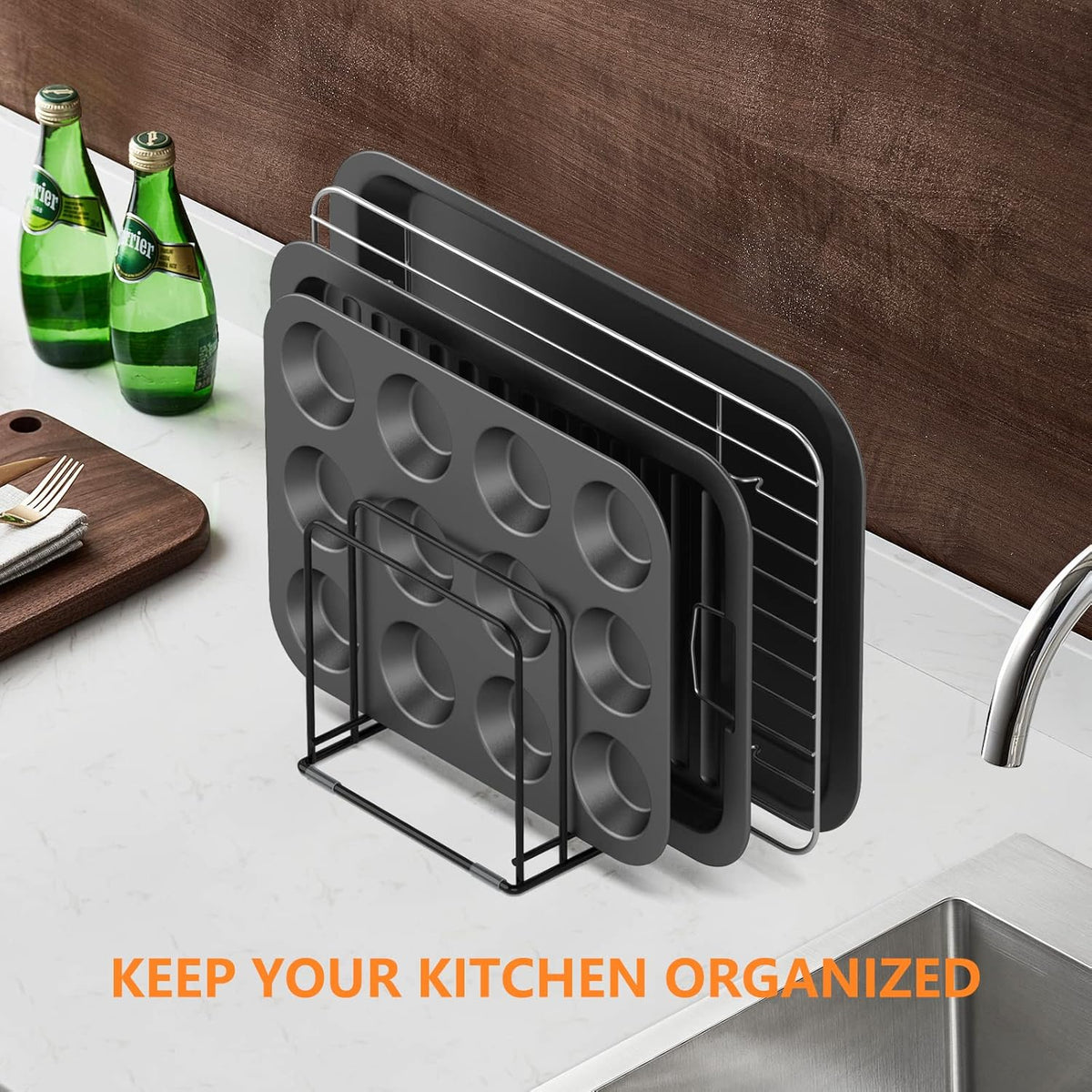 Kitchen Cabinet Organizer, Steel Cookware Holder, Divided Holder with 5 Slots for Skillets Baking Tray and Chopping Board Rack - Baking Pan Holder Storage (2 PCS)